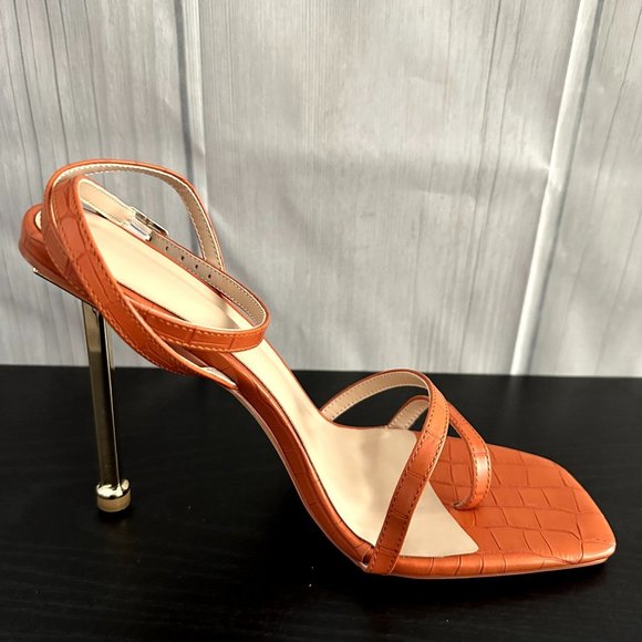 Women's High Sandals Buckle Heel Orange -  Heel Gold Color - Square Open Toe - Picture 3 of 6